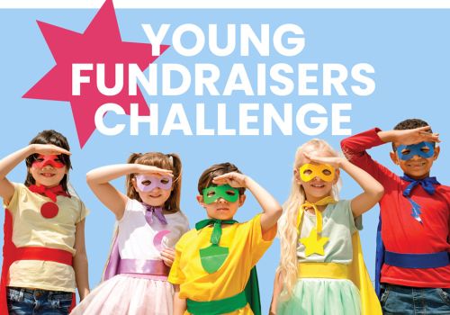 Young Fundraiser Challenge graphic, with 5 kids dressed up in cute superhero costumes