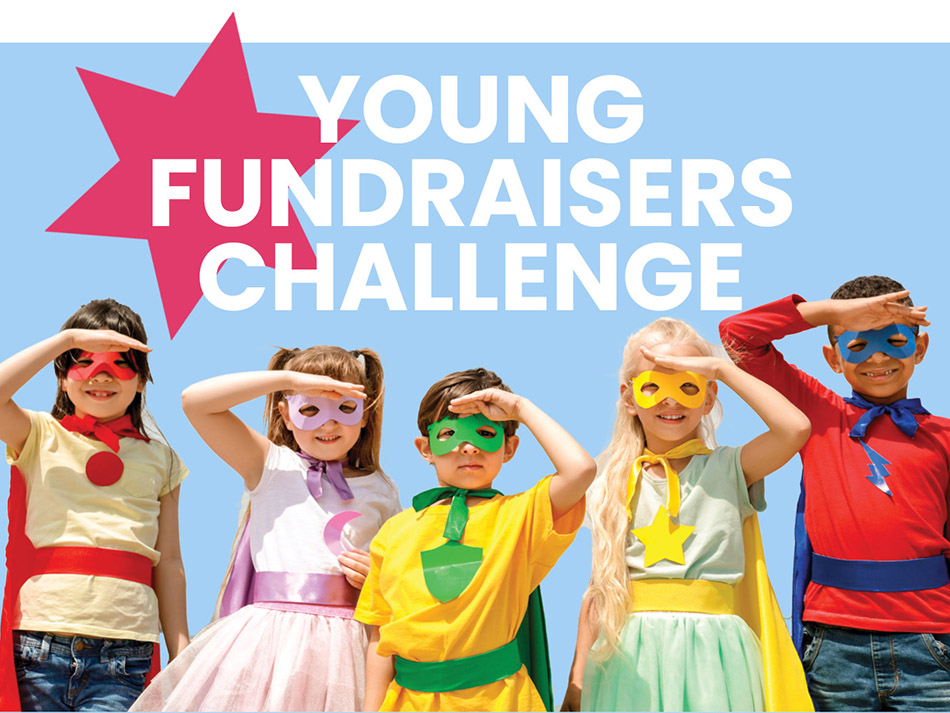 Young Fundraiser Challenge graphic, with 5 kids dressed up in cute superhero costumes 