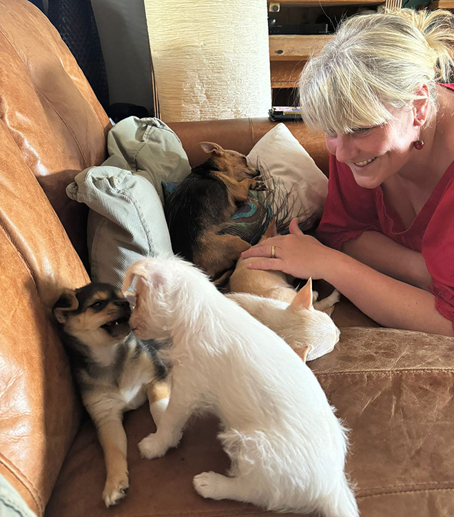 Volunteer Ali with Shela and puppies